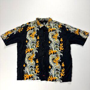 Vintage Guess Jeans Mens Dragon Button Down Short Sleeve Shirt Black XL Rayon
